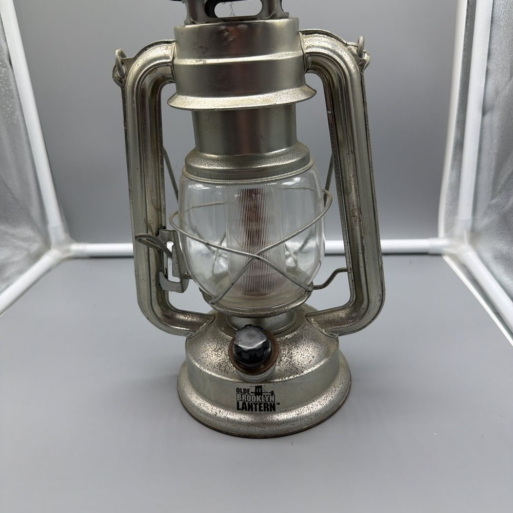 Olde Brooklyn Lantern LED Battery Operated Adjustable Rustic Silver Metal Lamp